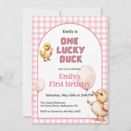 1st Birthday Invitation One Lucky Duck Theme Kaart (Voorkant)