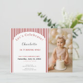 1st Birthday Invitation • Photo Template Red Strip Kaart (Staand voorkant)