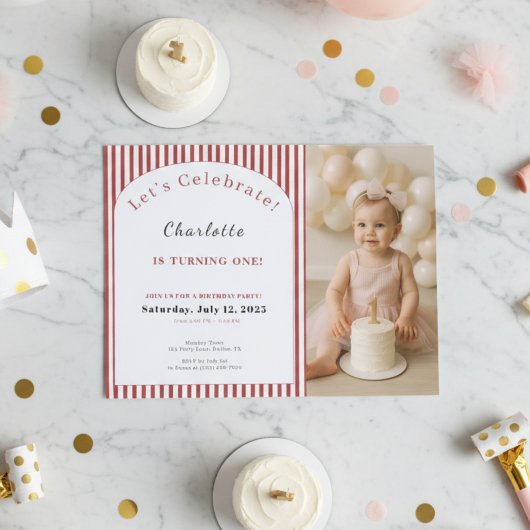 1st Birthday Invitation • Photo Template Red Strip Kaart