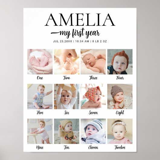 1st Birthday Milestone Custom Photo Collage Poster (Voorkant)