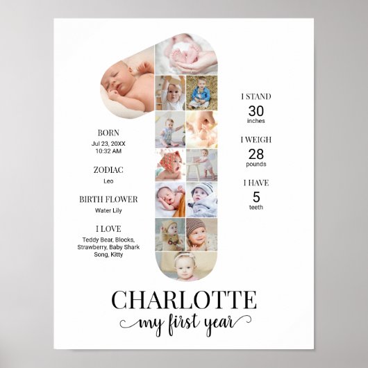 1st Birthday Number 1 Milestone Baby Photo Collage Poster (Voorkant)
