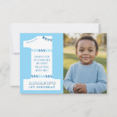 1st Birthday Party Boys Blue One Photo Bedankkaart (Voorkant)