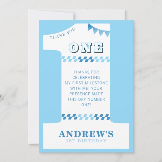 1st Birthday Party Boys Blue One Photo Bedankkaart (Voorkant)