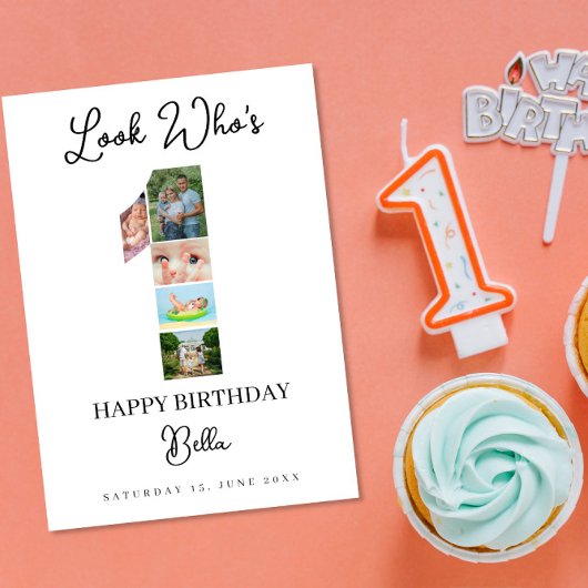1st Birthday Photo Collage Custom Number 1 Kaart