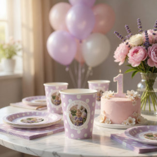 1st Birthday Photo & Purple Polka Dot Papieren Bekers