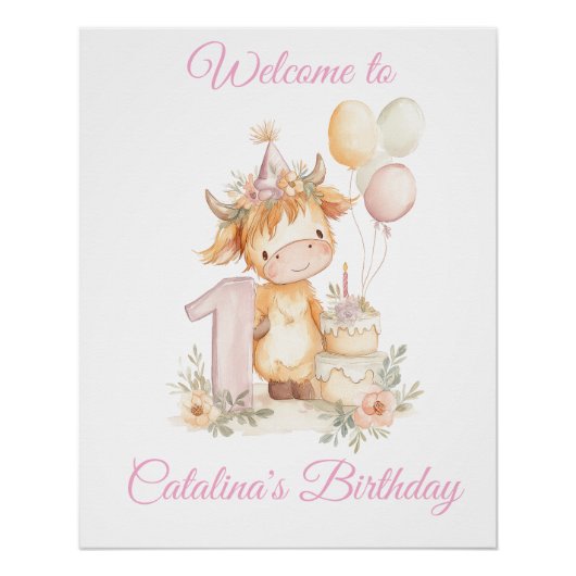 1st Birthday Poster Sign Highland Cow (Voorkant)