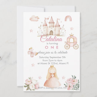 1st Birthday Princess Girl Invitation Kaart