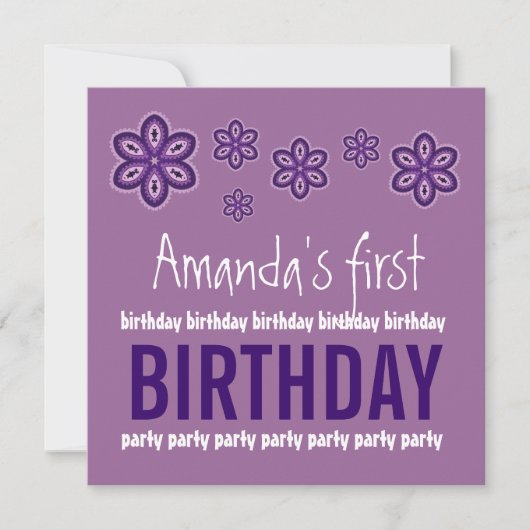 1st Birthday Purple Flowers Custom Name Sjabloon Kaart (Voorkant)