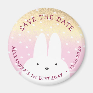 1st Birthday Save The Date Winter Bunny Pink Gold Magneet