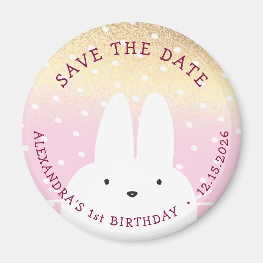 1st Birthday Save The Date Winter Bunny Pink Gold Magneet (Voorkant)