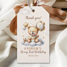 1st Birthday Teddy Bear with Brown Balloons Cadeaulabel