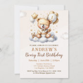 1st Birthday Teddy Bear with Brown Balloons Kaart (Voorkant)