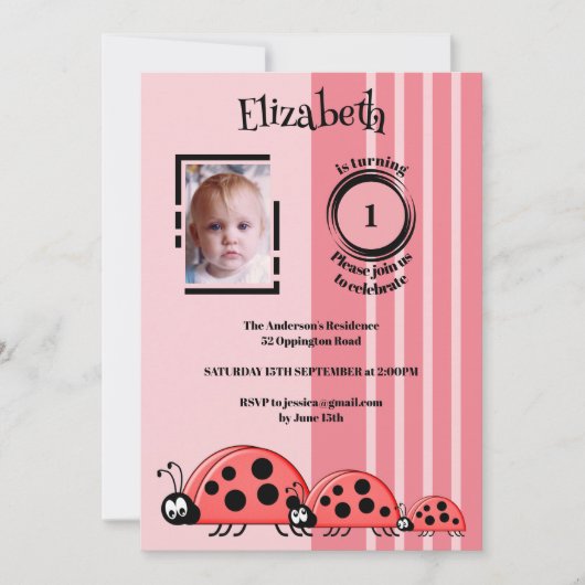 1st Birthday voeg foto ladybugs rood roze toe Kaart (Voorkant)