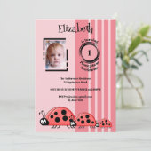 1st Birthday voeg foto ladybugs rood roze toe Kaart (Staand voorkant)