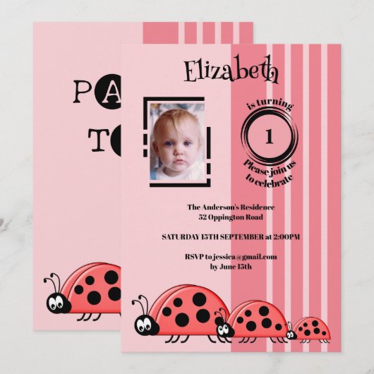 1st Birthday voeg foto ladybugs rood roze toe Kaart (Voorkant / Achterkant)