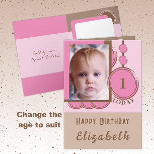 1st Birthday voeg naamfoto roze bruin toe Kaart