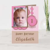 1st Birthday voeg naamfoto roze bruin toe Kaart (Voorkant)