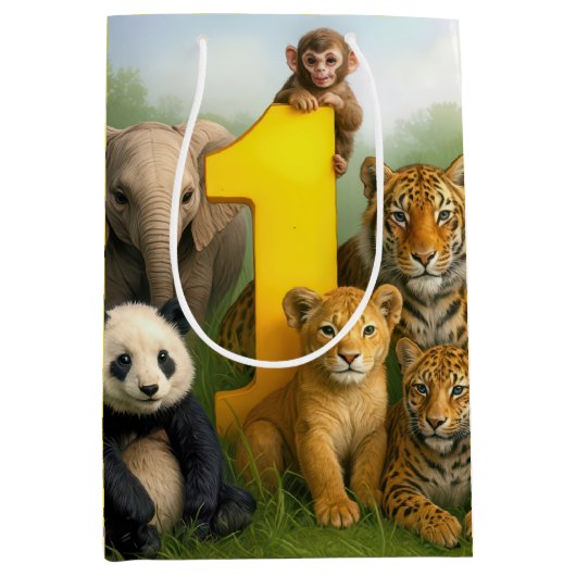 1st Birthday Wildlife Animal Babies Medium Cadeauzakje (Voorkant)