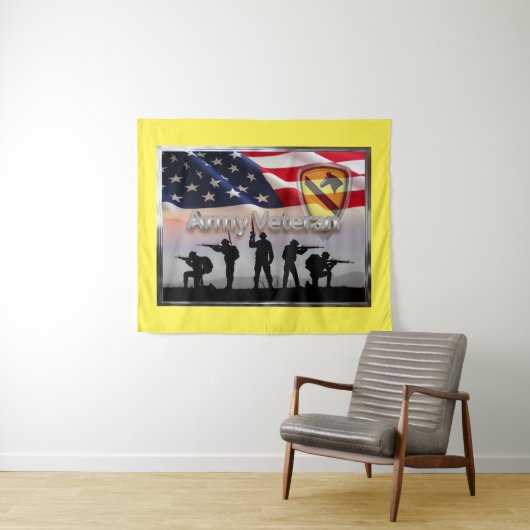 1st Cavalry Division Soldaten met Amerikaanse vlag Wandkleed (In Situ (horizontaal))