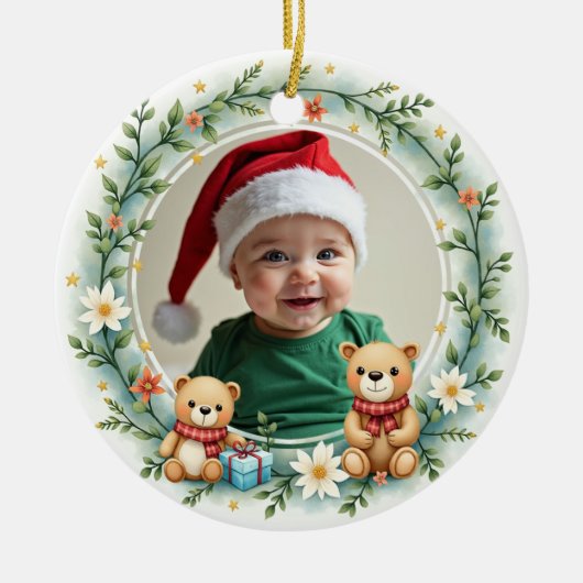 1st Christmas 2 sided Bear Hugs & Holly Keramisch Ornament (Voorkant)