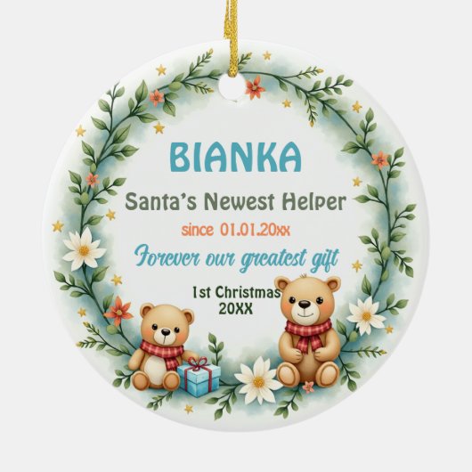 1st Christmas 2 sided Bear Hugs & Holly Keramisch Ornament (Achterkant)