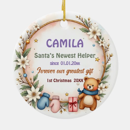 1st Christmas 2 sided Poinsettia Snuggles Keramisch Ornament (Achterkant)