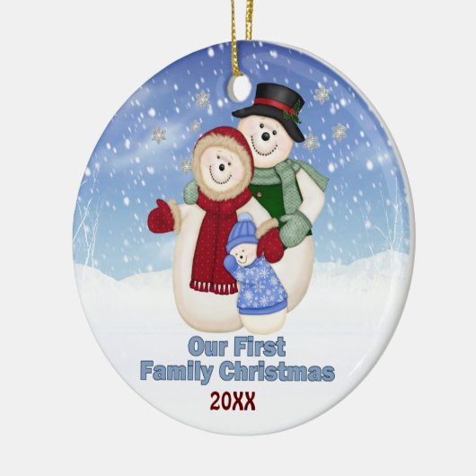 1st Christmas Blue Frosty Snowman Familie Keramisch Ornament (Links)