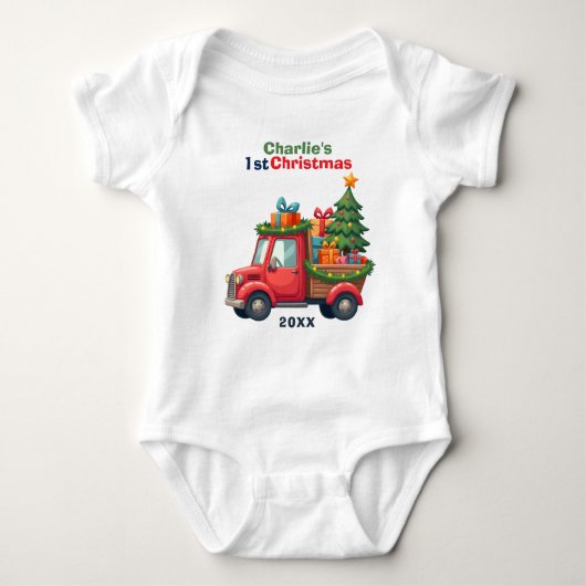 1st Christmas, cown text, Tree Haulin’ & Gift Ball Romper (Voorkant)