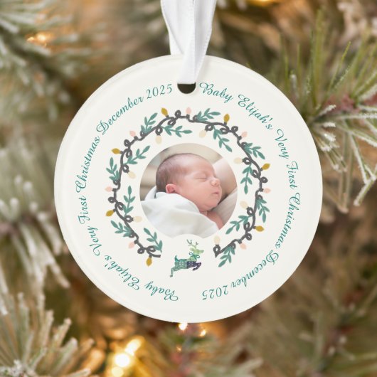 1st Christmas Deer with Wreath Teal Cream Acrylic Ornament (Boom)