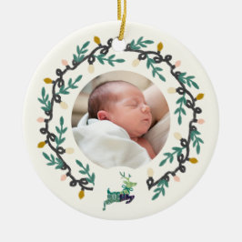 1st Christmas Deer with Wreath Teal Cream Keramisch Ornament