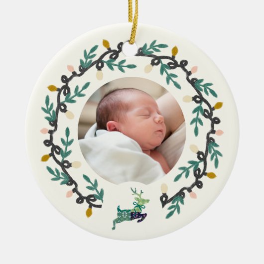 1st Christmas Deer with Wreath Teal Cream Keramisch Ornament (Voorkant)