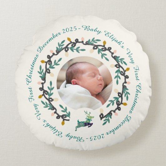 1st Christmas Deer with Wreath Teal Cream Rond Kussen (Voorkant)