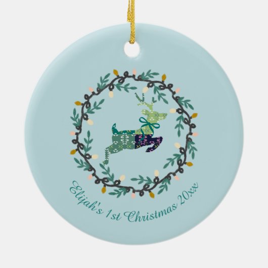 1st Christmas Deer with Wreath Teal Customize Keramisch Ornament (Achterkant)