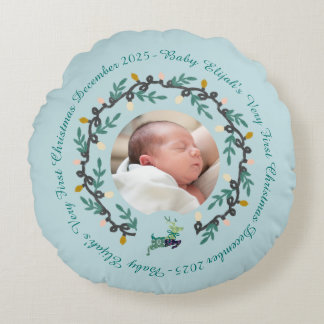 1st Christmas Deer with Wreath Teal Rond Kussen
