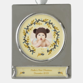 1st Christmas Deer with Wreath Yellow Verzilverd Banner Ornament