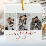 1st Christmas Engaged 3 foto Bourgondië rood scrip Keramisch Ornament<br><div class="desc">Herdenk je verloving met dit prachtige, moderne ornament. De rode bordeauxrode tekst luidt "Onze eerste Kerstmis bezig, " met het woord "bezig" in elegant handschrift met bloei voor en na. Vervang de drie voorbeeldfoto's door uw favoriete verticale afbeeldingen en voeg uw namen en het jaartal in bordeaux tekst toe op...</div>