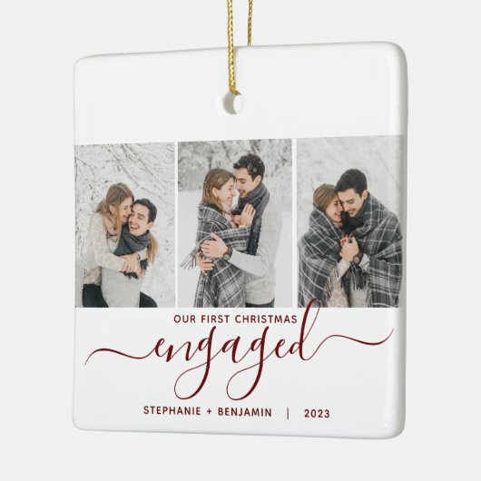 1st Christmas Engaged 3 foto Bourgondië rood scrip Keramisch Ornament (Links)