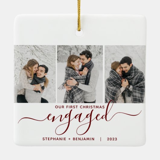 1st Christmas Engaged 3 foto Bourgondië rood scrip Keramisch Ornament (Achterkant)