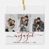 1st Christmas Engaged 3 foto Bourgondië rood scrip Keramisch Ornament (Voorkant)