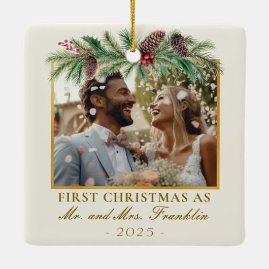 1st Christmas Getrouwd Feestelijke Foto Keramisch Ornament (Achterkant)