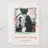 1st Christmas Married 4 Photo Wedding Red Bow Feestdagenkaart (Voorkant)