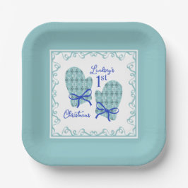 1st Christmas Mittens Blue Bow Holiday Papieren Bordje