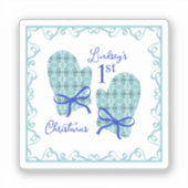 1st Christmas Mittens Blue Bow Holiday Sticker (Voorkant)