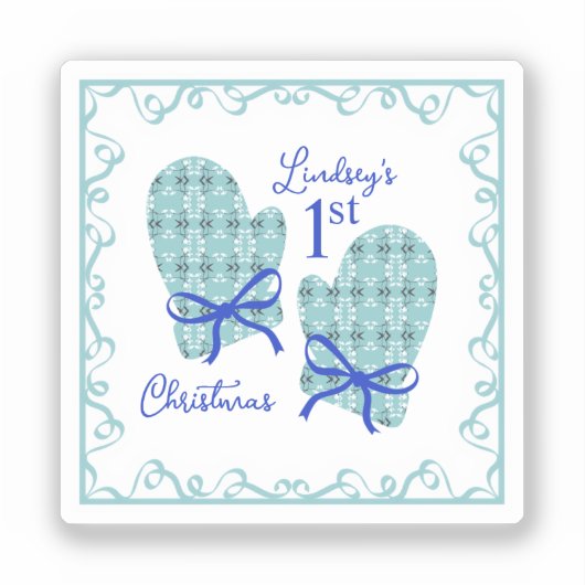 1st Christmas Mittens Blue Bow Holiday Sticker (Voorkant)