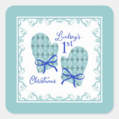 1st Christmas Mittens Blue Bow Holiday Vierkante Sticker (Voorkant)