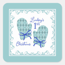 1st Christmas Mittens Blue Bow Holiday Vierkante Sticker