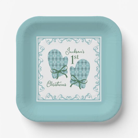 1st Christmas Mittens Green Bow Holiday Papieren Bordje (Voorkant)