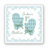 1st Christmas Mittens Green Bow Holiday Sticker (Voorkant)