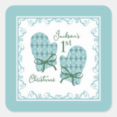 1st Christmas Mittens Green Bow Holiday Vierkante Sticker (Voorkant)