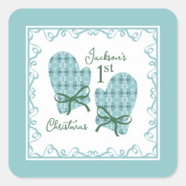 1st Christmas Mittens Green Bow Holiday Vierkante Sticker